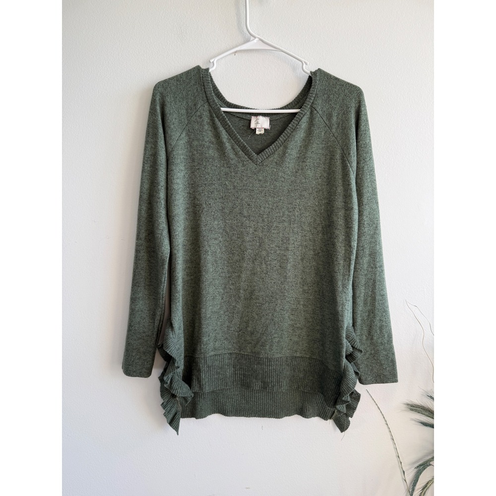 Postcard Womens XS‎ Olive Green V-Neck Ruffle Side Long Sleeve Knit Top USA Made